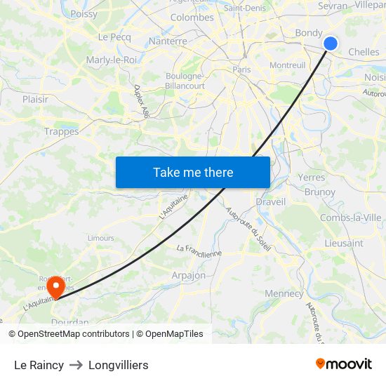 Le Raincy to Longvilliers map