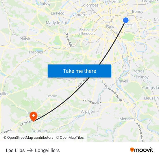 Les Lilas to Longvilliers map