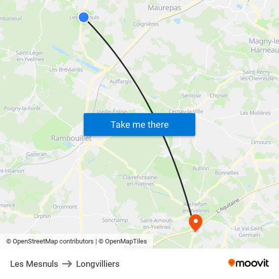 Les Mesnuls to Longvilliers map