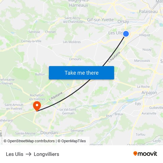 Les Ulis to Longvilliers map