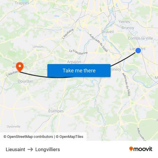 Lieusaint to Longvilliers map
