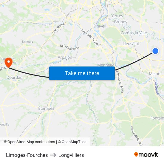 Limoges-Fourches to Longvilliers map