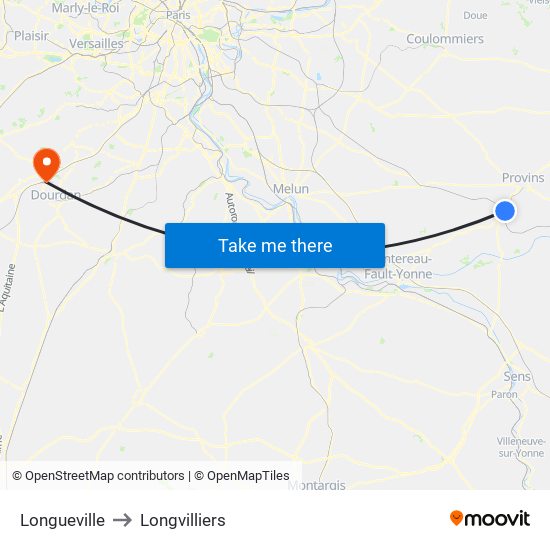 Longueville to Longvilliers map