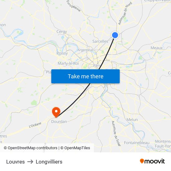 Louvres to Longvilliers map