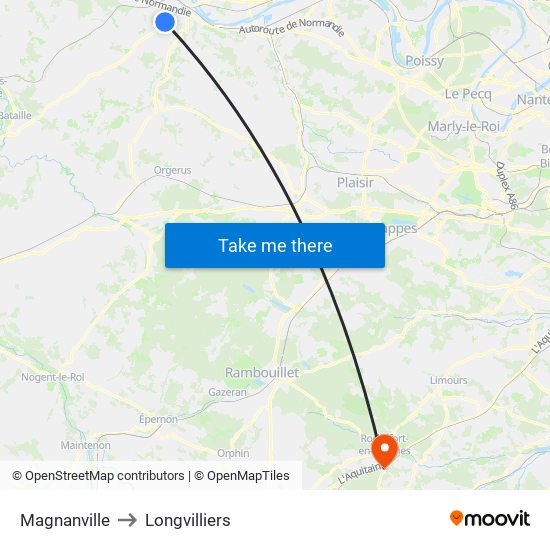 Magnanville to Longvilliers map
