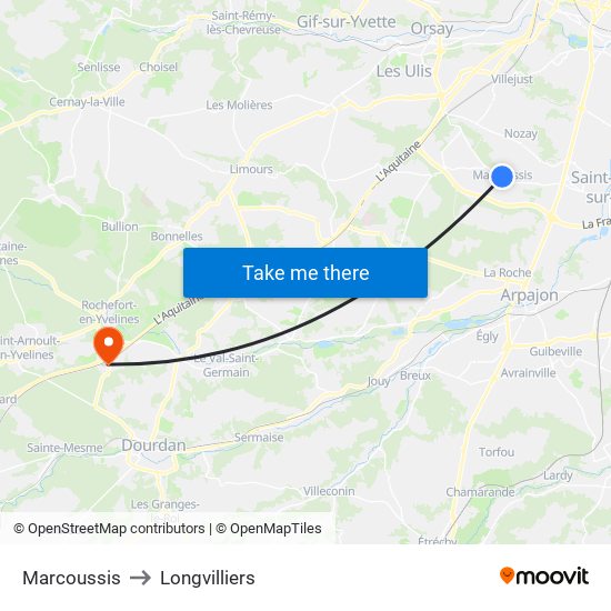 Marcoussis to Longvilliers map