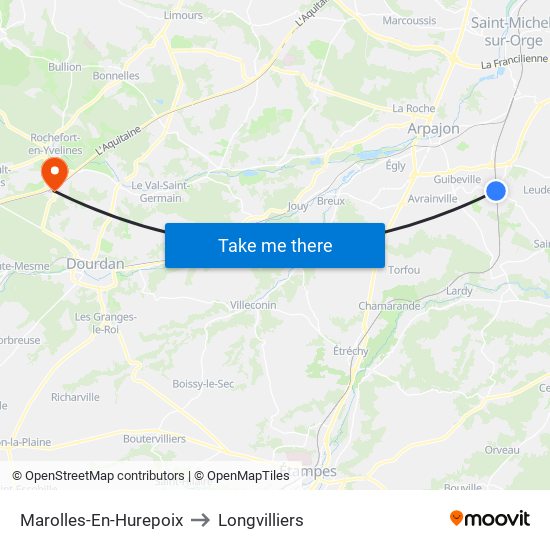 Marolles-En-Hurepoix to Longvilliers map