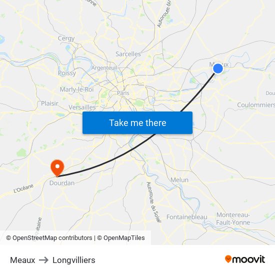Meaux to Longvilliers map