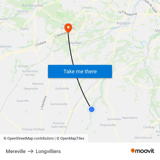 Mereville to Longvilliers map