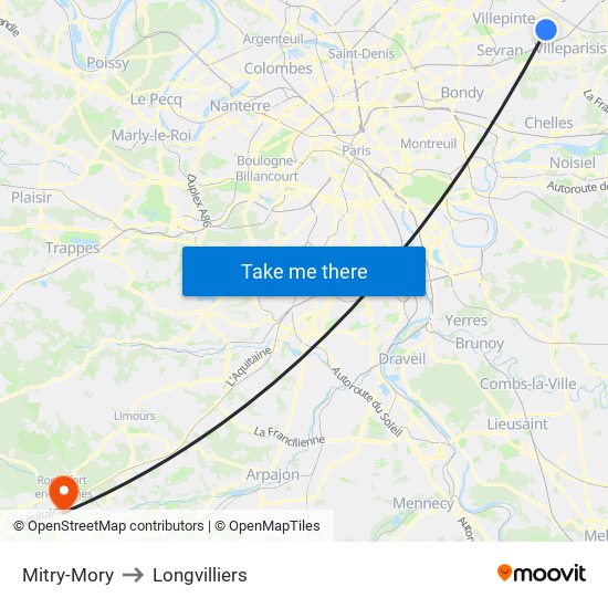 Mitry-Mory to Longvilliers map