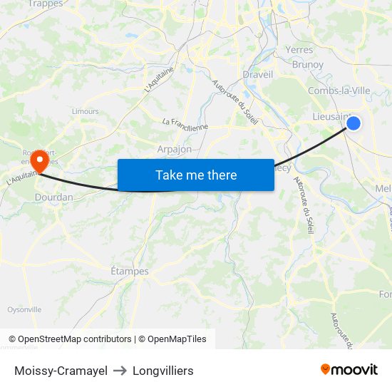 Moissy-Cramayel to Longvilliers map