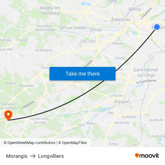 Morangis to Longvilliers map