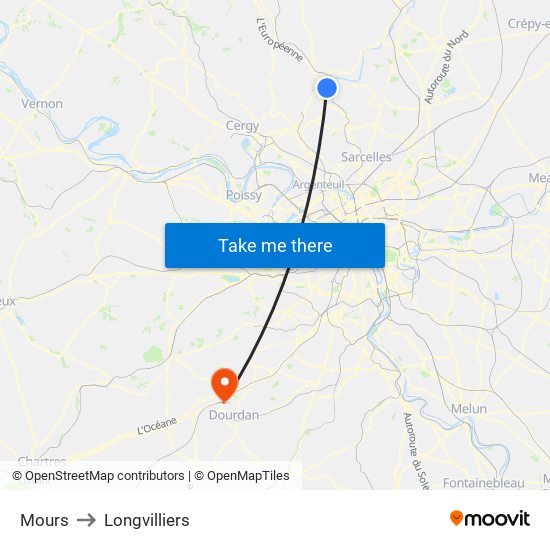 Mours to Longvilliers map