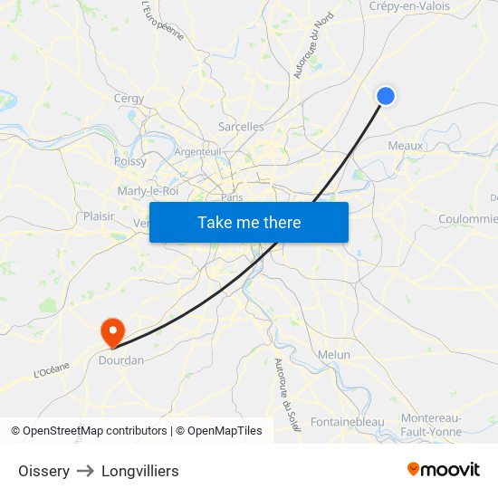 Oissery to Longvilliers map