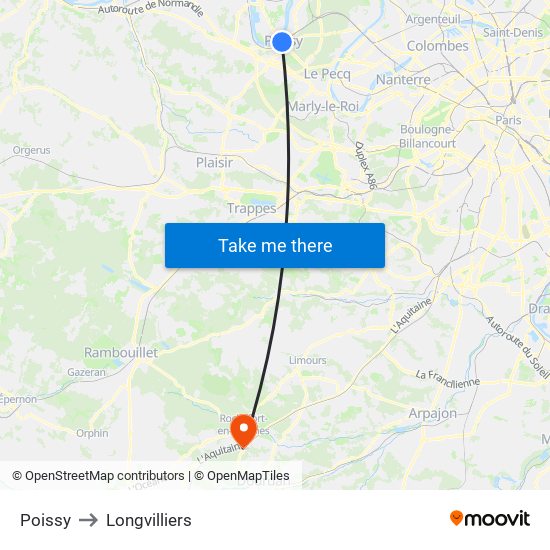 Poissy to Longvilliers map