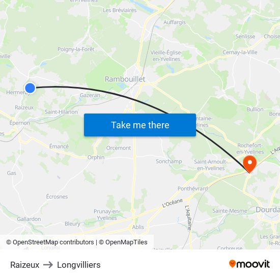 Raizeux to Longvilliers map