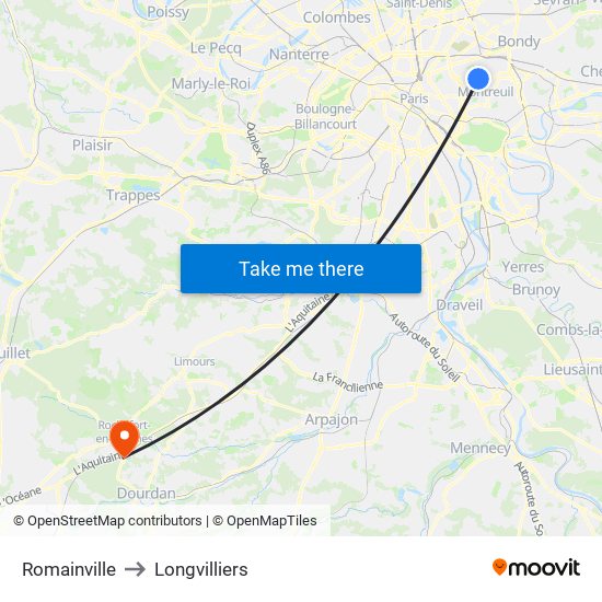 Romainville to Longvilliers map