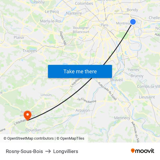 Rosny-Sous-Bois to Longvilliers map