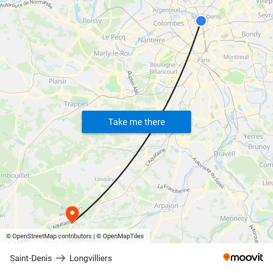 Saint-Denis to Longvilliers map