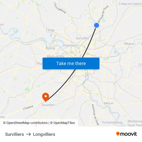 Survilliers to Longvilliers map