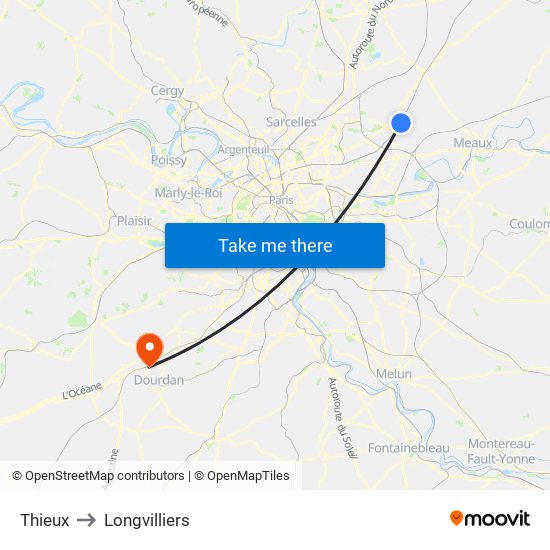 Thieux to Longvilliers map