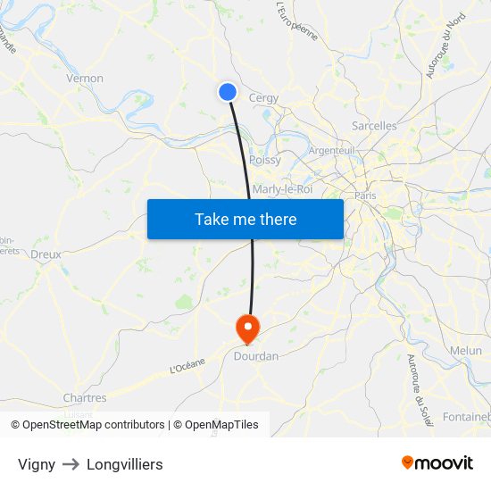 Vigny to Longvilliers map