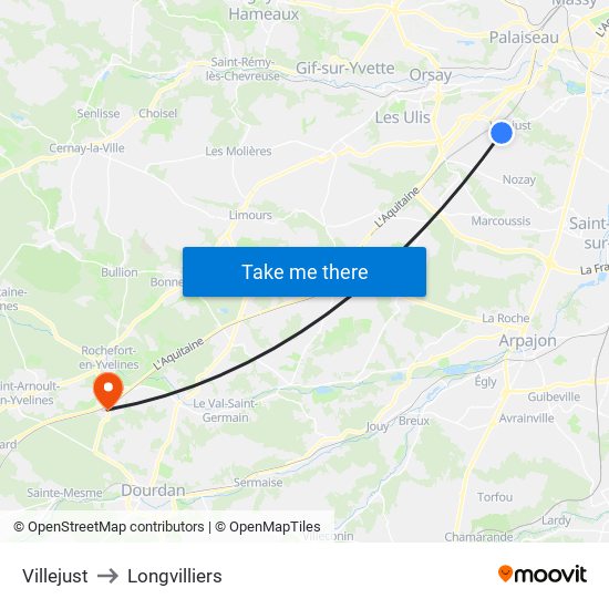 Villejust to Longvilliers map