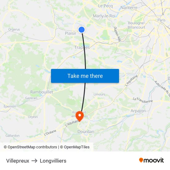 Villepreux to Longvilliers map