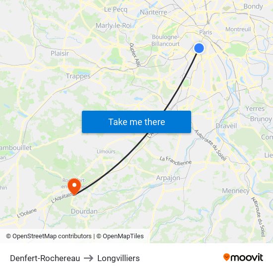 Denfert-Rochereau to Longvilliers map