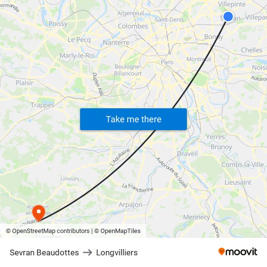 Sevran Beaudottes to Longvilliers map