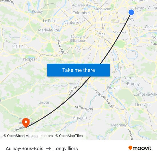 Aulnay-Sous-Bois to Longvilliers map