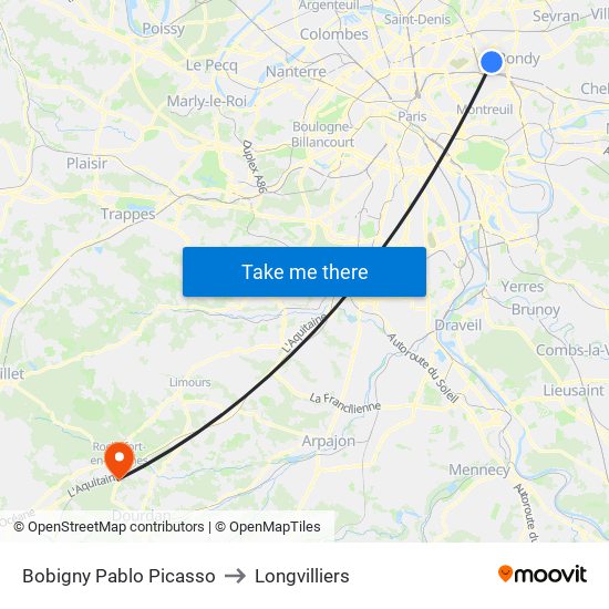 Bobigny Pablo Picasso to Longvilliers map