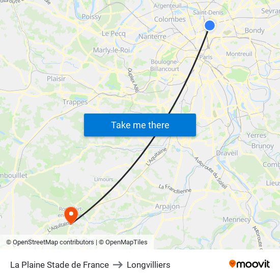 La Plaine Stade de France to Longvilliers map