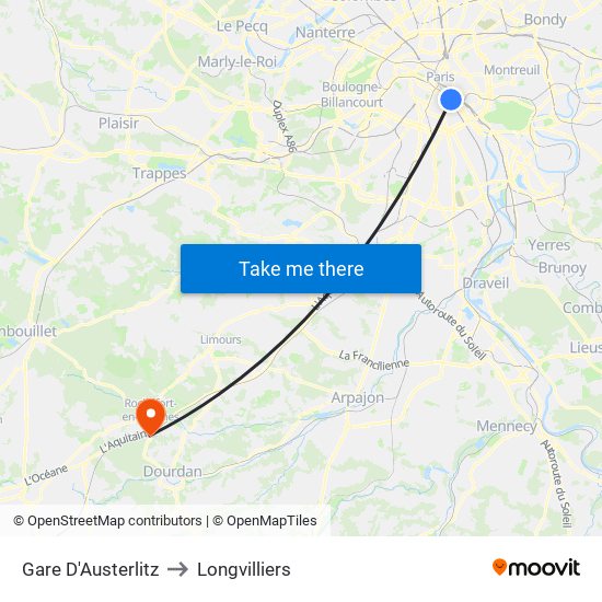 Gare D'Austerlitz to Longvilliers map