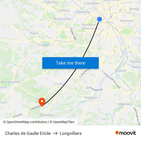 Charles de Gaulle Etoile to Longvilliers map