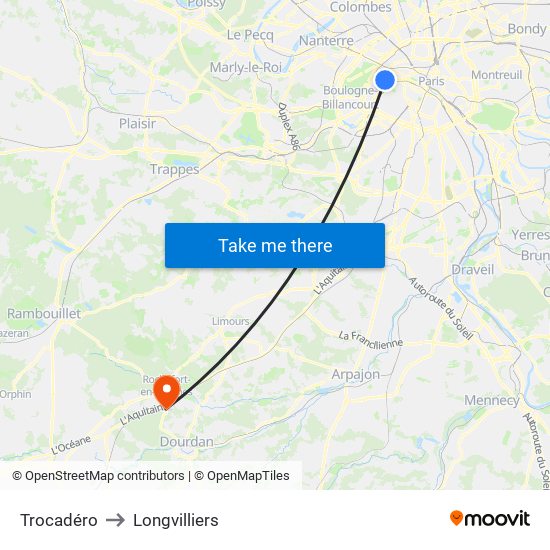 Trocadéro to Longvilliers map