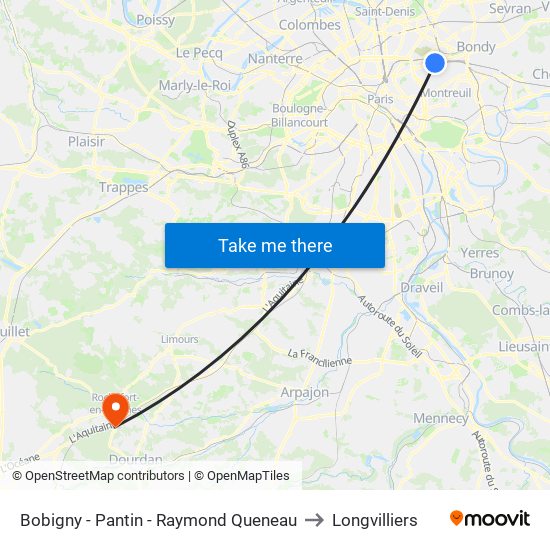 Bobigny - Pantin - Raymond Queneau to Longvilliers map