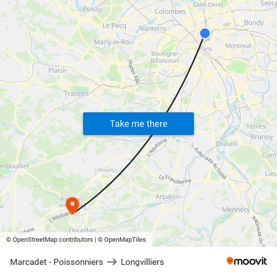 Marcadet - Poissonniers to Longvilliers map