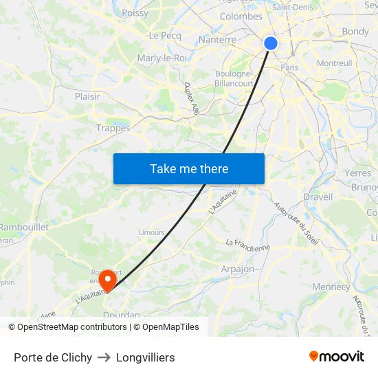 Porte de Clichy to Longvilliers map