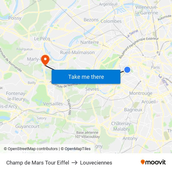Champ de Mars Tour Eiffel to Louveciennes map