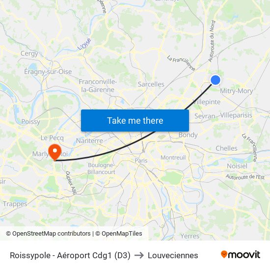 Roissypole - Aéroport Cdg1 (D3) to Louveciennes map