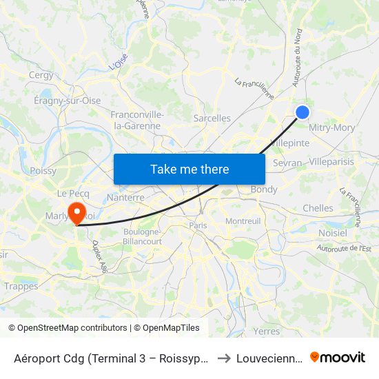 Aéroport Cdg (Terminal 3 – Roissypôle) to Louveciennes map