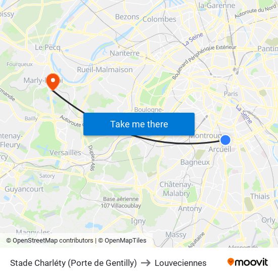 Stade Charléty (Porte de Gentilly) to Louveciennes map