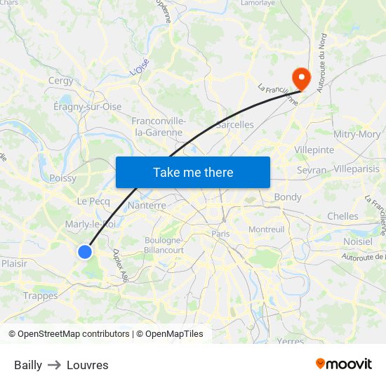 Bailly to Louvres map