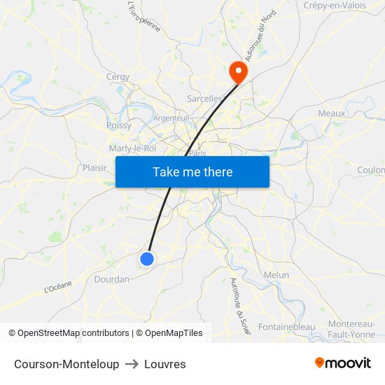 Courson-Monteloup to Louvres map