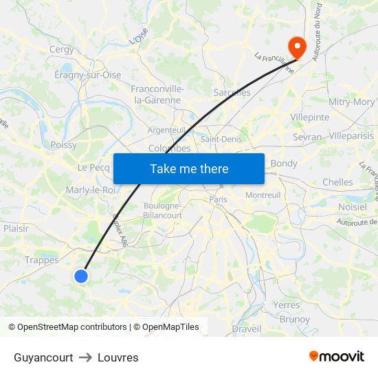 Guyancourt to Louvres map