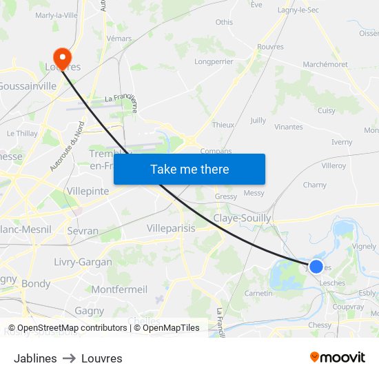 Jablines to Louvres map