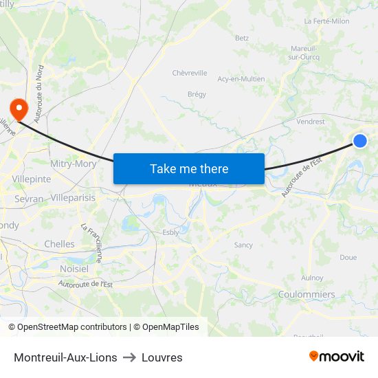 Montreuil-Aux-Lions to Louvres map