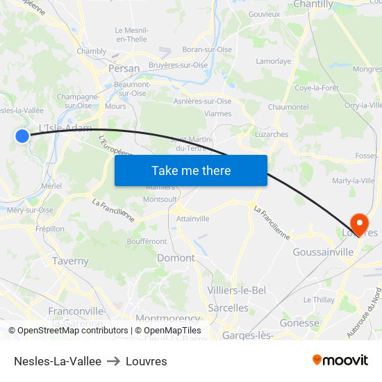 Nesles-La-Vallee to Louvres map