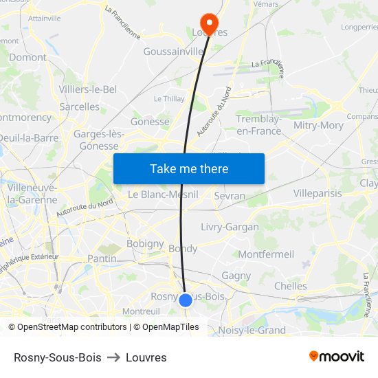 Rosny-Sous-Bois to Louvres map